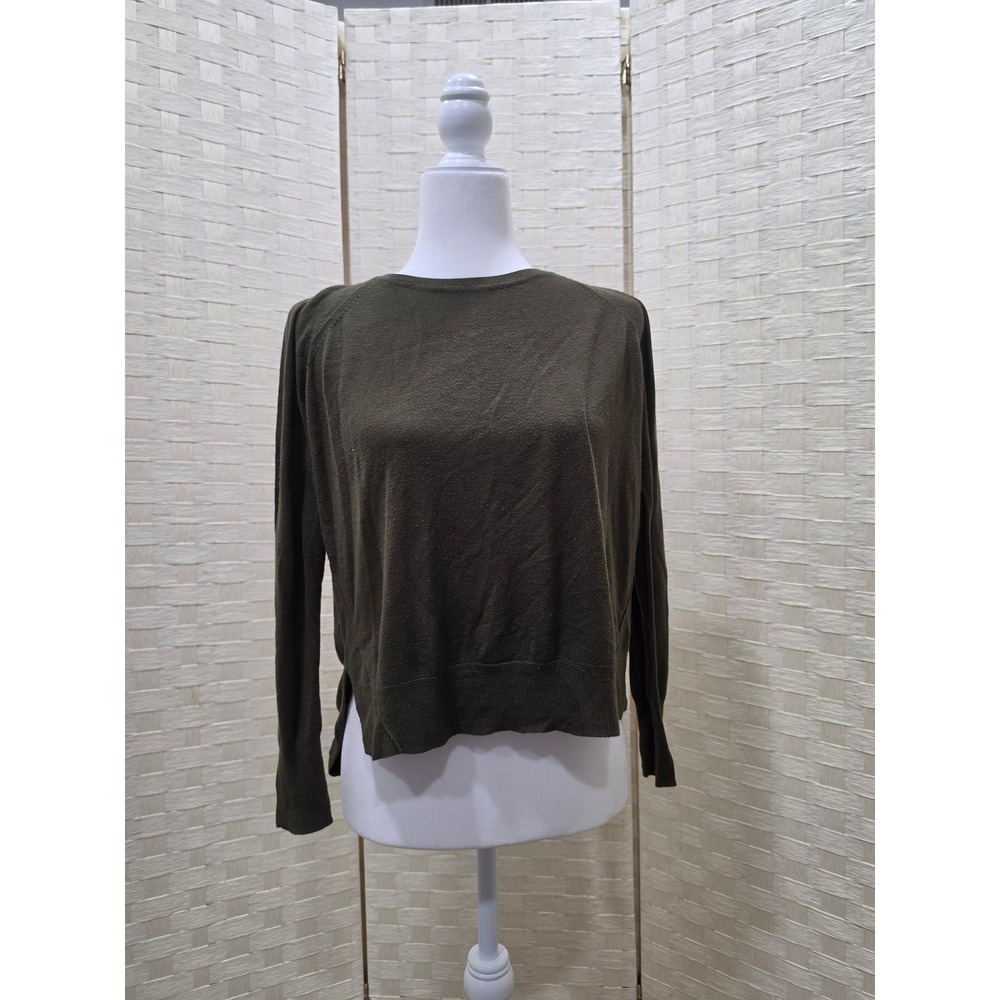 Zara Knit Womens Olive Green Long Sleeve Crew Neck Sweater Side Slit Medium